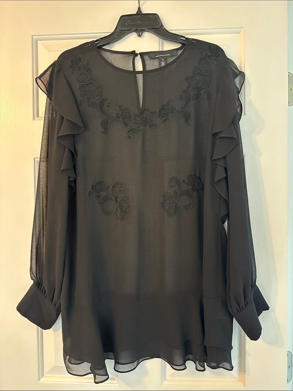 White House Black Market Black Floral-Appliqué Ruffle Sleeve Blouse